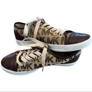 Like New Michael Kors Leather & Canvas Sneakers MK Logo Brown & Tan Size 7.5
